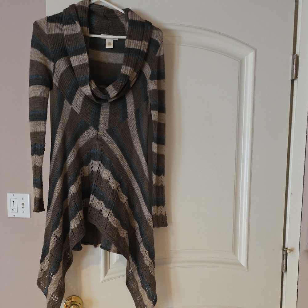 Striped Cowl Neck Sweater - Brown and Blue